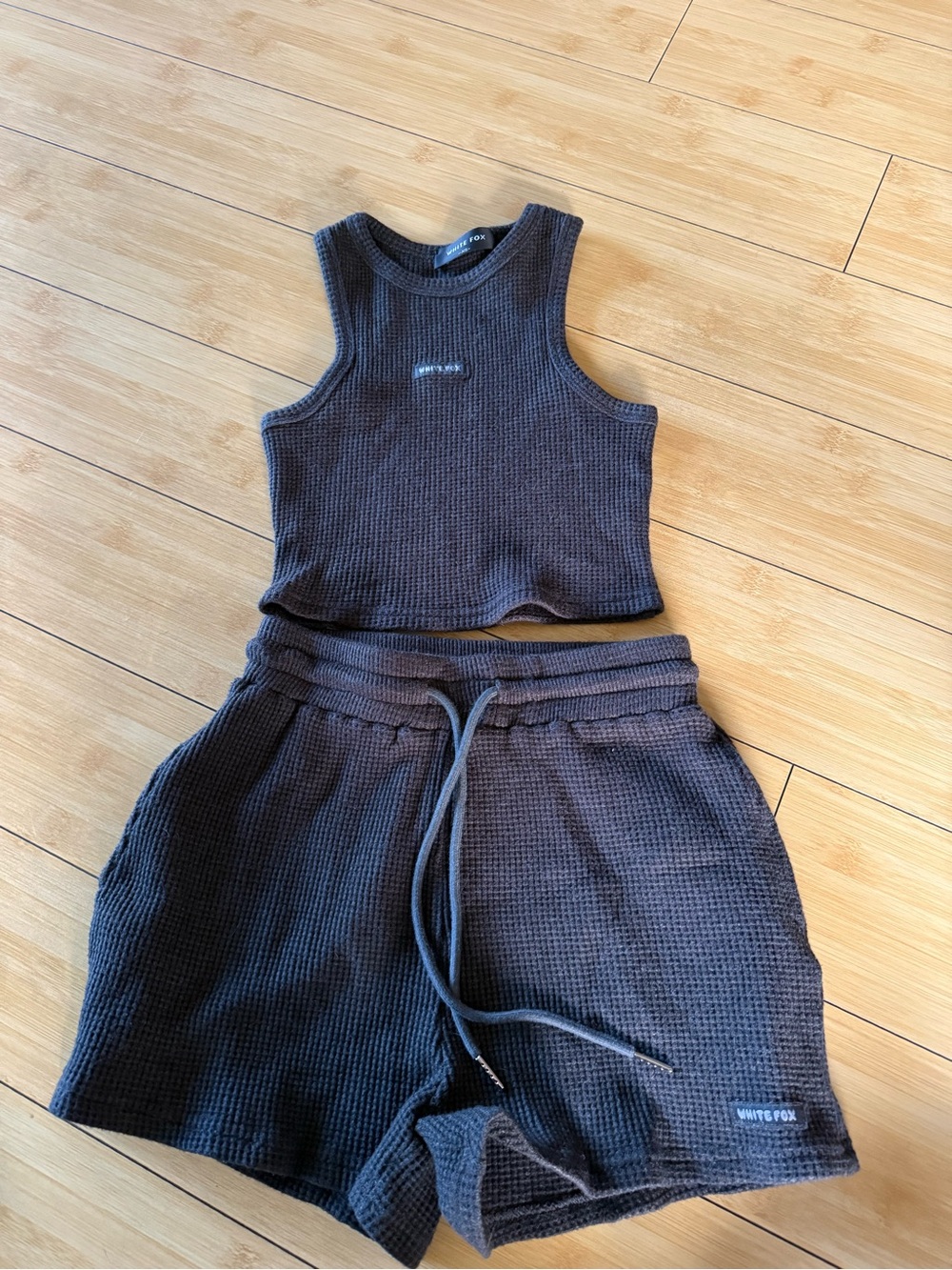 White Fox Black Waffle-Knit Drawstring Set
